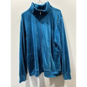 Hanes Velour Zip Up Jacket XXL Blue Plush Track Style High Neck Soft Retro Y2K